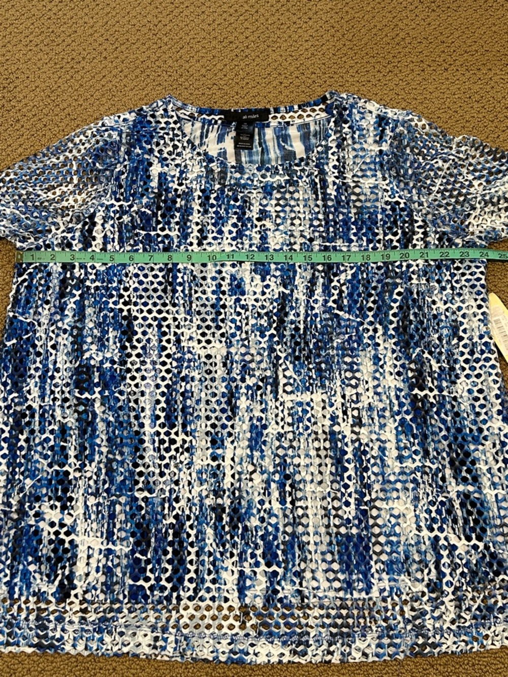 Ali Miles Blue White Abstract Mesh Overlay Tunic Top 1X Lagenlook Art to Wear - Picture 14 of 17